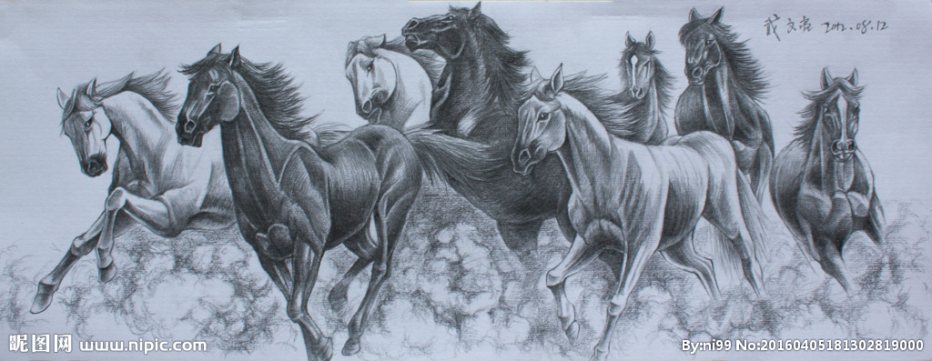 周胜中国铅笔画骏马图